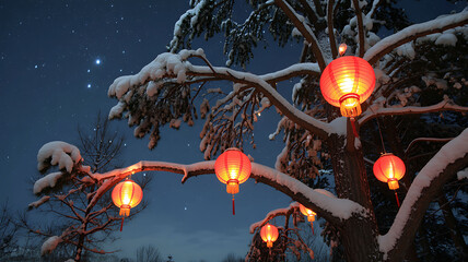 Red chinese lanterns glow on snowy trees under a starry night sky