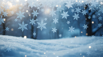 Winter wonderland with falling snowflakes and snowy forest background.