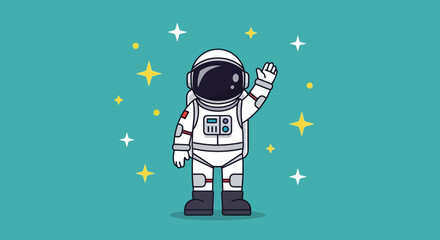 A cheerful cartoon astronaut in a white spacesuit waves a friendly greeting amidst sparkling golden stars, symbolizing space exploration and cosmic adventure with an imaginative spirit