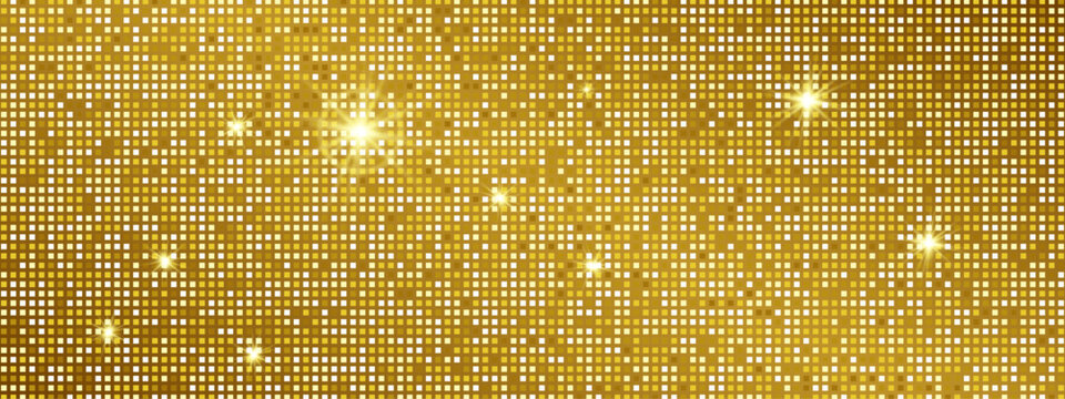 Disco ball background with texture and pattern for glitter and party. Sequin mirror wall shines bright with gold sparkle. Mosaic vector design.