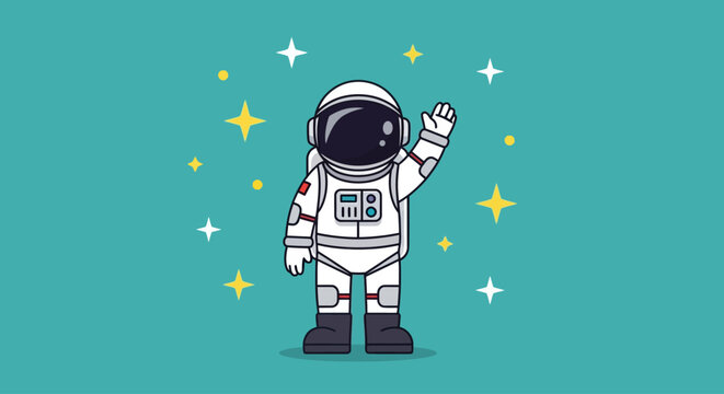 A cheerful cartoon astronaut in a white spacesuit waves a friendly greeting amidst sparkling golden stars, symbolizing space exploration and cosmic adventure with an imaginative spirit