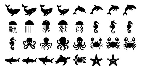 Naklejka premium sea life icon set marine animal silhouettes for ocean design. aquarium logotype template, nautical vector illustration