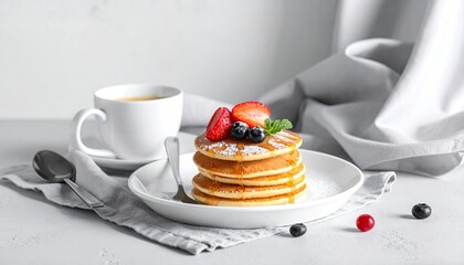 Pancakes with Berries and Coffee - A Delicious Breakfast Still Life.