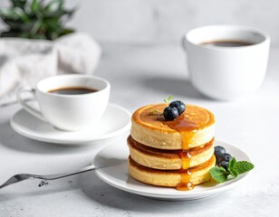 Pancakes with Blueberries and Syrup Served with Coffee.