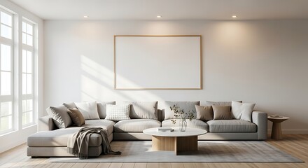 Cozy modern living room interior design with empty frame decor