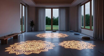 Serene meditation studio with glowing mandalas and scenic view