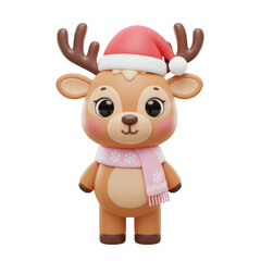 Fototapeta premium Cartoon Reindeer Wearing Pink Scarf And Red Hat on Transparent