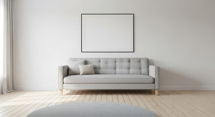Modern living room with cozy sofa, blank frame, bright interior