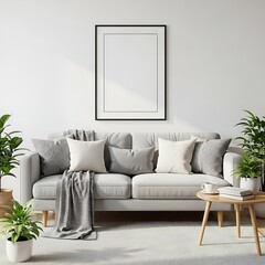 Modern living room interior with cozy sofa, plants, and empty frame