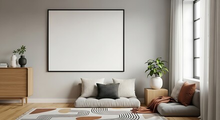 Modern minimalist living room, blank frame, cozy floor seating