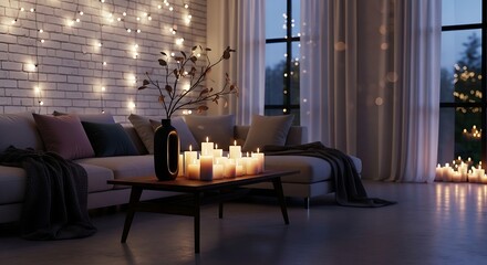 Cozy living room with warm candle lights and string lights at night