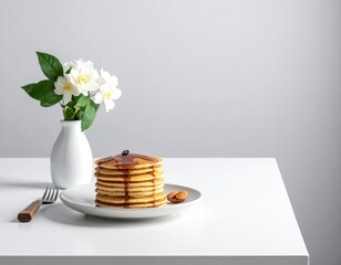 Pancakes with Syrup and Flowers on a White Table.