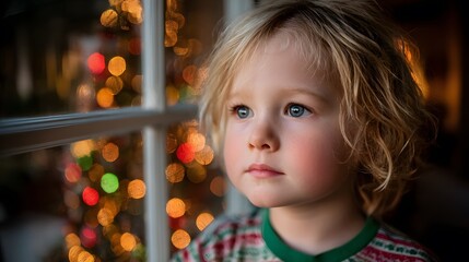 | child blonde blue-eyed pajamas window bokeh christmas tree lights cozy winter holiday indoors soft glow night anticipation dreamy festive cute warm peaceful quiet reflection closeup portrait toddler
