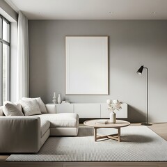 Modern living room interior with blank frame and minimalist design