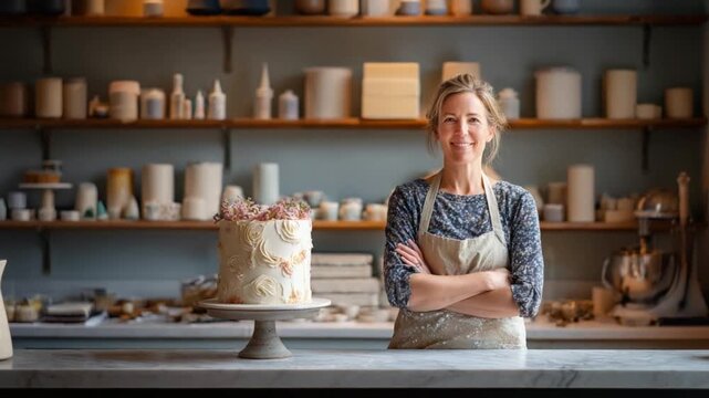 Smiling Baker: A passionate baker stands proudly beside a beautifully decorated cake, the inviting aroma of freshly baked goods filling the air. Her expertise and love for baking shine through. 
