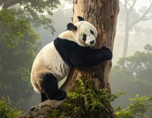 Panda Hugging a Tree in a Lush Forest Environment.