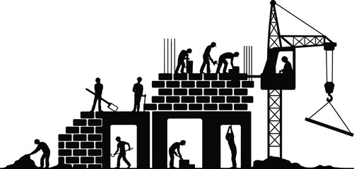 Construction workers building structure, teamwork on construction site, crane lifting materials, industrial labor, architecture development, engineering and urban infrastructur