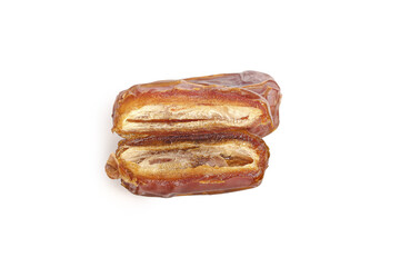 Golden Dates Cut in Half Showing Natural Sweet Flesh - Dried Fruits Isolated on White Background