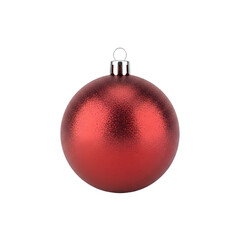 A Single Red Glittery Christmas Ornament Sphere with a Silver Cap Hanging on a Black Background