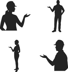 Silhouette workers, engineers, architects, male and female professionals, wearing safety helmets, presenting, teamwork, construction industry, business communication, 