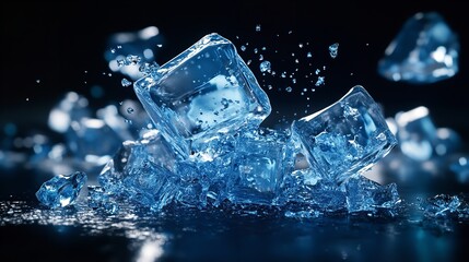 Pile of glistening ice cubes with water droplets, creating a refreshing and visually appealing composition