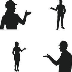 Silhouette, worker, hard hat, gesture, communication, industrial, safety, teamwork, instruction, construction, pose, black, isolated, people, professional, site, helmet, explain, standing, motion