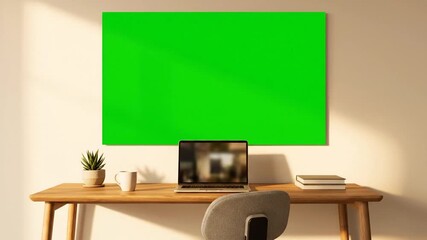 Modern home office with a wooden desk, laptop, and a large green screen on the wall illuminated by sunlight.