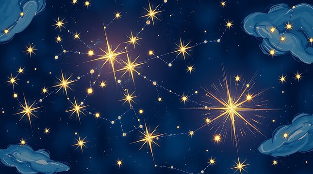 Night sky with constellations and fluffy clouds - Powered by Adobe