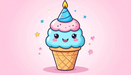 Chibi style ice cream cone with a smiling face and a small birthday candle hat. Clean vector graphics, bright blue/pink color scheme