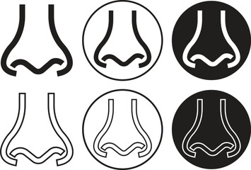 Human nose icons set flat and line medical, anatomy and cosmetic styles. Vectors illustration for healthcare, smell, respiration, allergy and beauty designs concept isolated on transparent background.