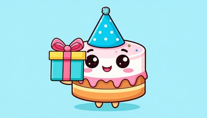 Birthday cake with candles and cone hat, cute smiling birthday cake, birthday cake vector, annual celebration