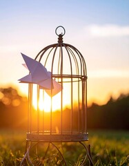 Paper Bird Escaping Cage at Sunset - Symbol of Freedom.