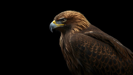 Obraz premium Majestic eagle in sharp side profile with powerful beak and talons, symbol of strength and freedom, isolated on dark background