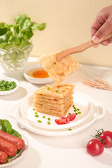 Shanghai Style Handmade Scallion Pancakes with Chopsticks - Traditional Chinese Pan-Fried Food Closeup