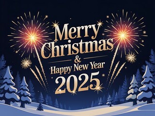 Merry christmas and  happy new year 2025 fireworks night sky snowy trees gold luxury greeting card