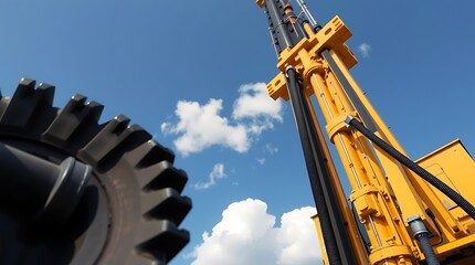 Yellow drilling rig with gear against a blue sky