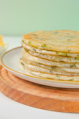 Handmade Chinese Scallion Pancakes Stack Traditional Asian Food Shanghai Style Layer Pancake