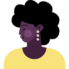 Close up of a dark skinned woman with black afro hairstyle wearing a yellow top and three pearl earrings eyes closed in contemplation on a white background