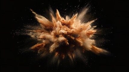 Dramatic explosion of beige powder against a black background, creating a captivating and dynamic visual