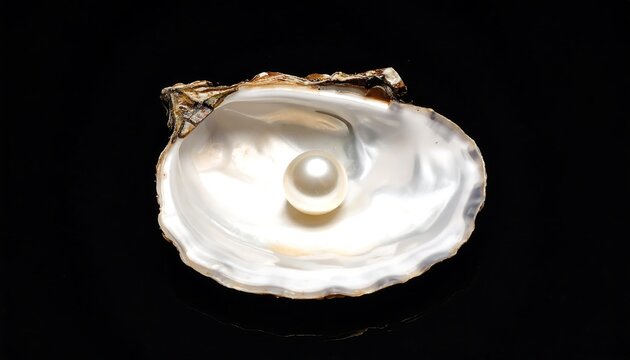 Elegant oyster shell with a glossy pearl resting at its center, isolated on a solid black background.