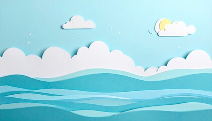 Paper cut ocean scene with clouds and sun, a serene and calming backdrop.