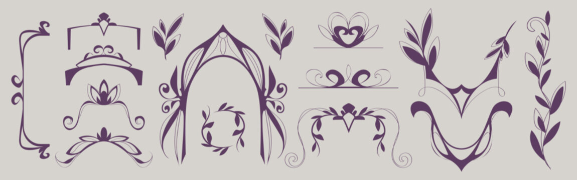 Art nouveau frame border ornament set in vintage floral style - purple decorative corner, divider and header elements. Elegant curvy botanical motifs with leaves, swirls for classic design composition