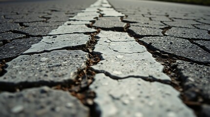 Obraz premium Cracked asphalt road with a broken white line mark