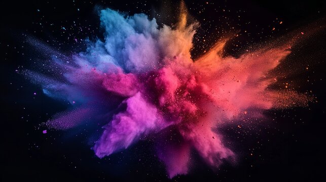 A captivating burst of vibrant powder paint creates a dynamic and colorful explosion against a dark backdrop