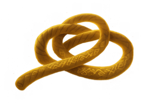 Golden rope knot with intricate ancient pattern forming a tangled shape, isolated on transparent background