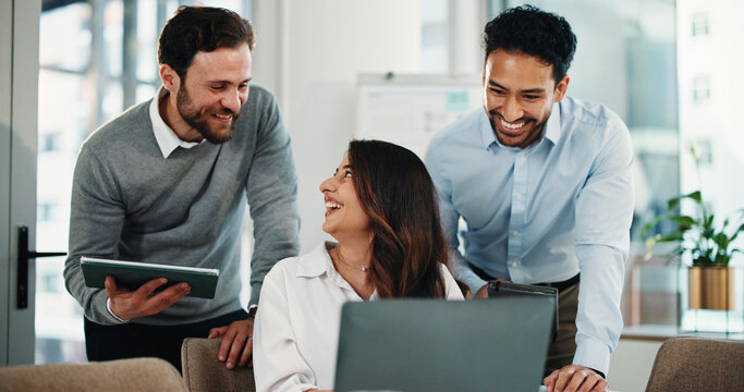 Meeting, team and laptop with business people in office for research, project schedule and planning. Proposal feedback, collaboration and progress report with employees in agency for advice - Powered by Adobe