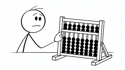 Confused stick figure struggling to use an abacus for counting or calculation