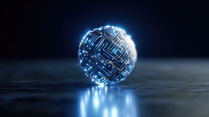 Futuristic Abstract Sphere with Digital Circuit Patterns Glowing Brightly on Dark Background for Technology and Innovation Concepts