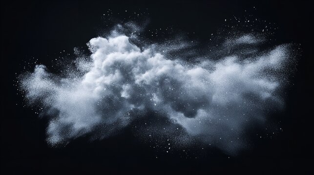 Dramatic cloud of white powder explosion against a black background, creating a striking contrast and dynamic visual effect