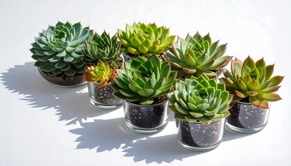 Collection of assorted succulents arranged neatly, isolated clean white background. 
